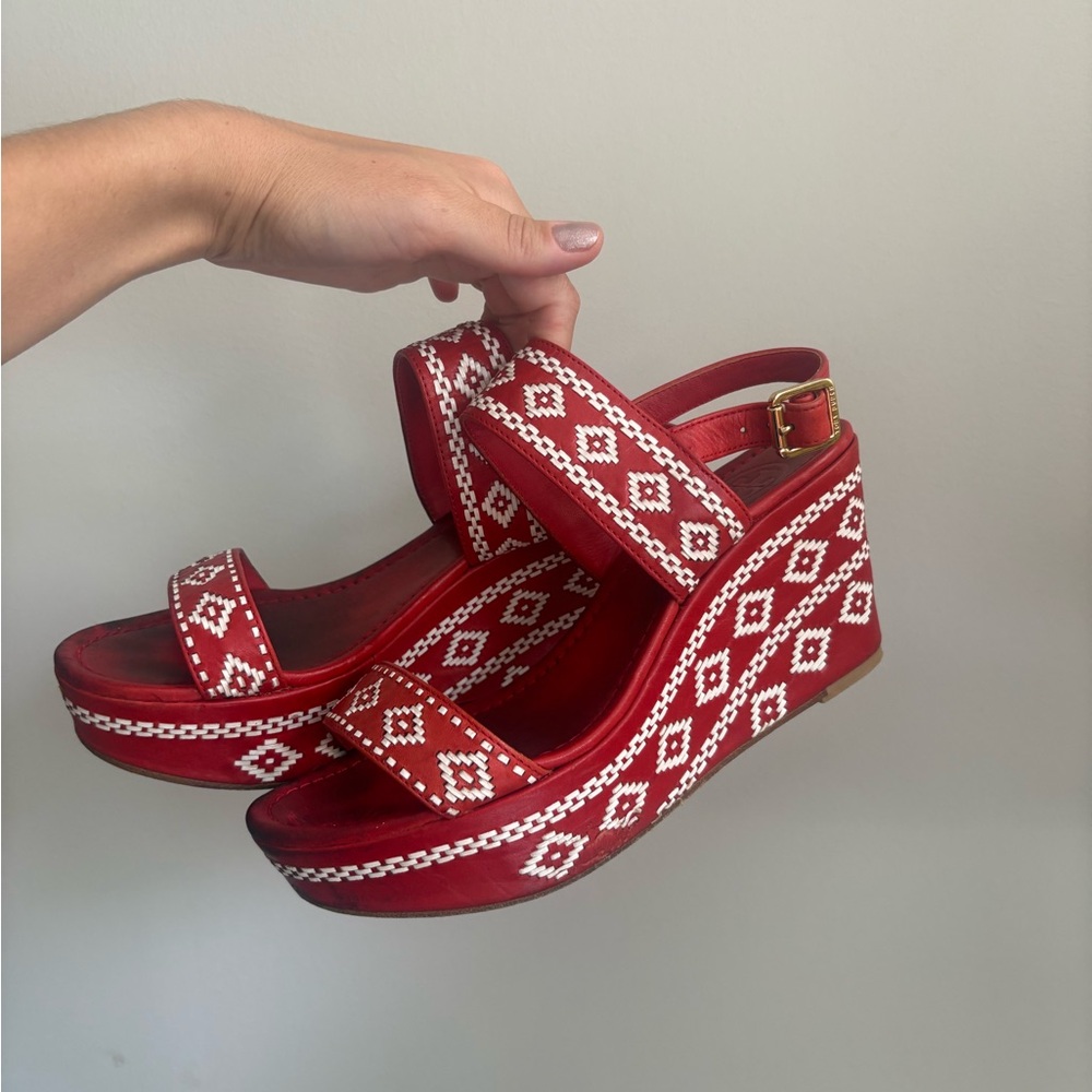 Tory Burch Red Patterned Wedge Sandals